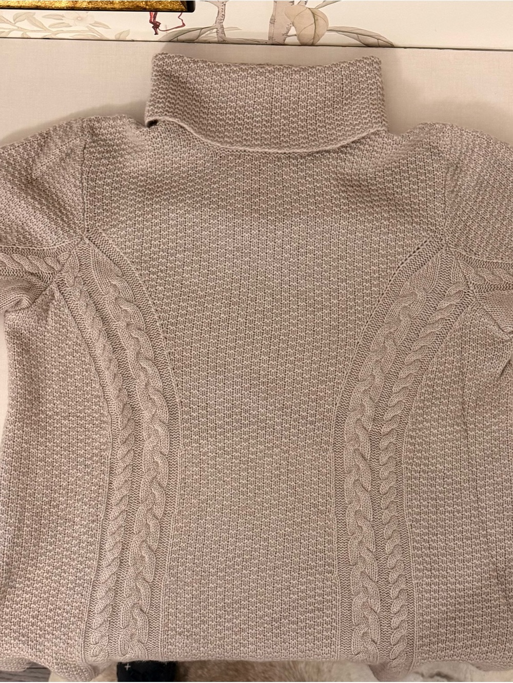 ply cashmere 100% Cashmere Beige Cable Knit Turtleneck Sweater